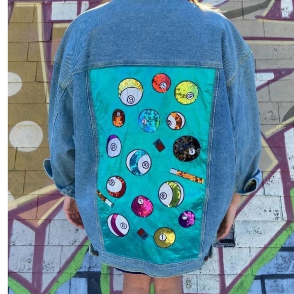 Vintage 80's-90's Cedars Sz M Art Jean Jacket Denim Billards Pool Unisex? - Picture 3 of 13